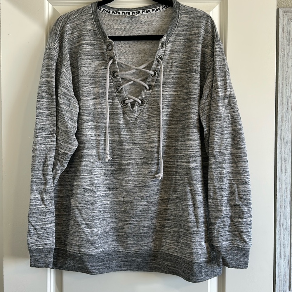 PINK Heather grey lace up crew neck